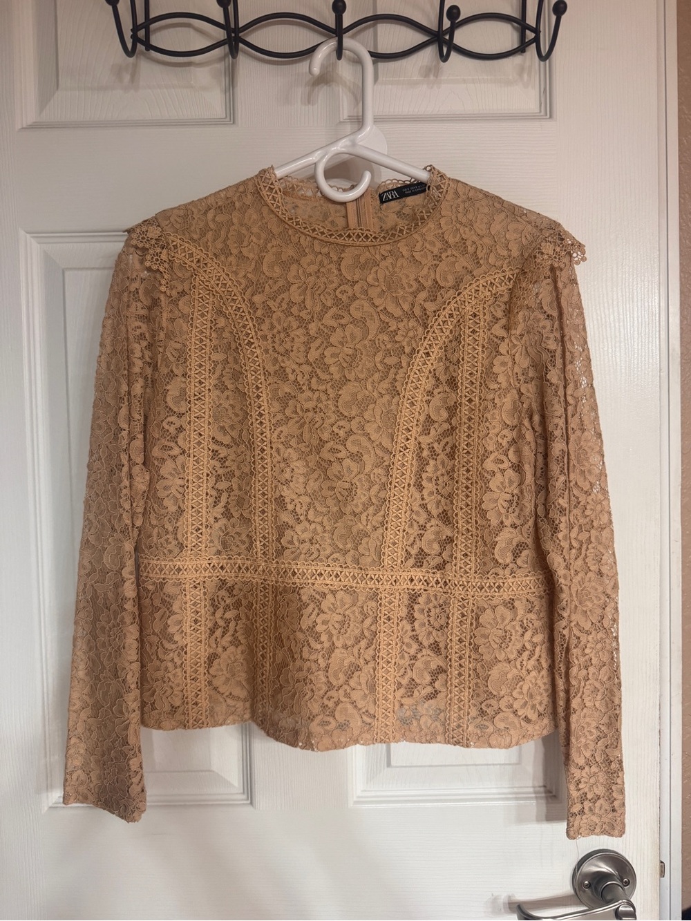 Zara Beige Lace Long-Sleeve Blouse